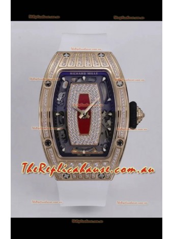 Richard Mille Super Clone RM07-01 Diamonds Paved 904L Rose Gold Casing Automatic Replica Watch