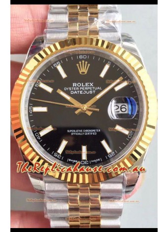 Rolex Datejust 41MM Cal.3135 Movement Swiss Replica Watch in 904L Steel Two Tone Black Dial