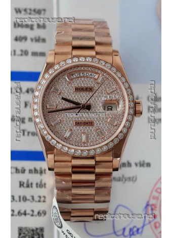 Rolex Day Date Super Clone Rose Gold Plated Custom Modified Diamonds Paved Watch