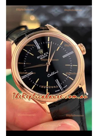 Rolex Cellini Date Ref#50505 Replica 1:1 Mirror Rose Gold Steel Black Dial Watch 