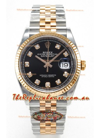 Rolex Super Clone Datejust ETA 3235 Movement 36MM Two Tone Rose Gold Swiss Black Dial Watch