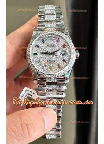 Rolex Day Date Super Clone White Gold Plated Custom Modified Diamonds Paved Watch 