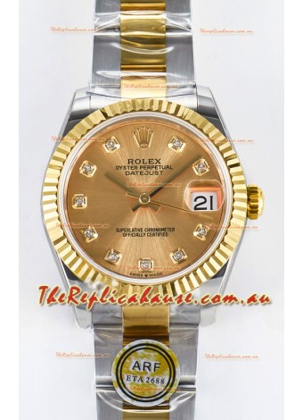Rolex Super Clone Datejust ETA 2688 Movement 31MM Two Tone Yellow Gold Swiss Gold Dial