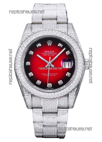 Rolex Datejust 41MM Swiss Replica - Iced Out Edition in Red Dial 