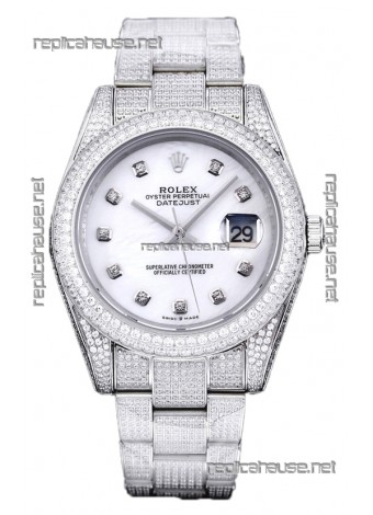 Rolex Datejust 41MM Swiss Replica - Iced Out Edition in White Pearl Dial