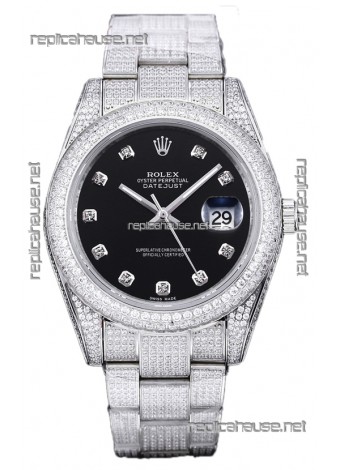 Rolex Datejust 41MM Swiss Replica - Iced Out Edition in Black Dial 