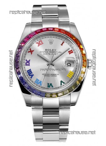 Rolex Datejust 41MM Swiss Replica Watch - 904L Steel in Rainbow Bezel 