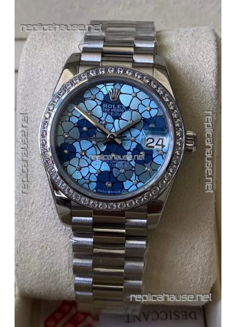 Rolex Datejust Ladies 31MM Cal.3135 Movement Swiss Replica Blue Motif Diamonds Bezel in 904L Steel Casing