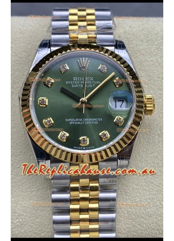 Rolex Datejust 31MM Swiss Watch in 904L Steel Two Tone Yellow Green Dial 1:1 Mirror Replica