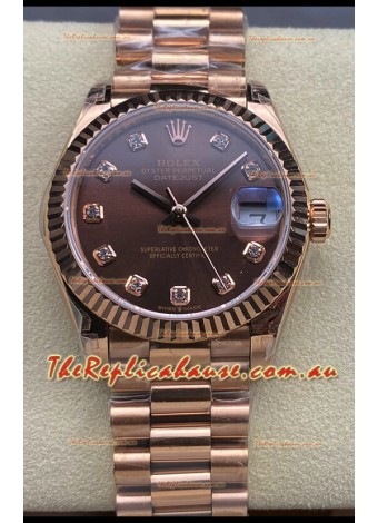 Rolex Datejust 31MM Swiss Watch in 904L Steel Rose Gold Chocolate Dial 1:1 Mirror Replica