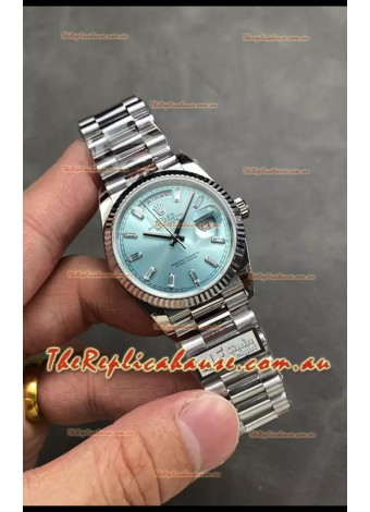 Rolex Day Date Super Clone Stainless Steel Ice Blue Dial Crystal Numerals Watch 36MM - 1:1 Mirror Quality