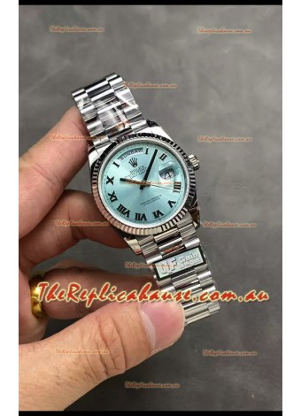 Rolex Day Date Super Clone Stainless Steel Ice Blue Dial Roman Numerals Watch 36MM - 1:1 Mirror Quality