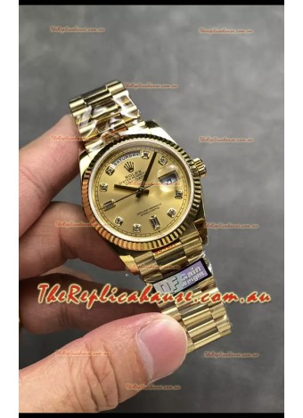 Rolex Day Date Super Clone Yellow Gold Casing and Dial Diamonds Numerals Watch 36MM - 1:1 Mirror Quality