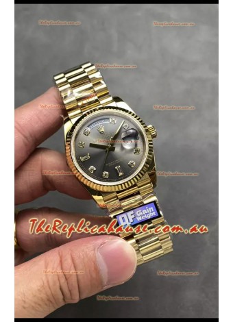 Rolex Day Date Super Clone Yellow Gold Grey Dial Diamonds Numerals Watch 36MM - 1:1 Mirror Quality