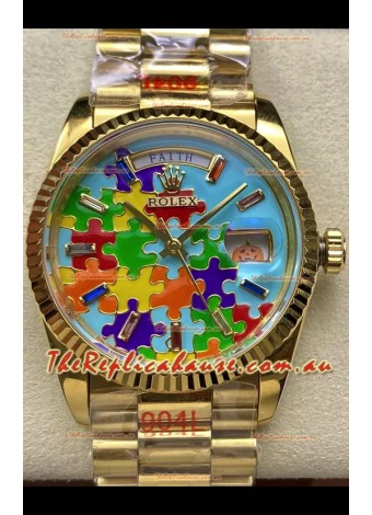 Rolex Day Date Emoji Jig-Saw Puzzle Yellow Gold Casing Swiss Replica Watch 
