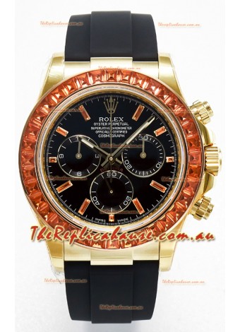 Rolex Daytona Super Clone Daytona Yellow Gold Casing Black Dial with Sapphires Bezel 