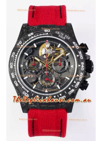 Rolex Daytona Super Clone DiW Skeleton Carbon Edition Watch - Forged Carbon Casing Red Strap 1:1 Mirror Replica