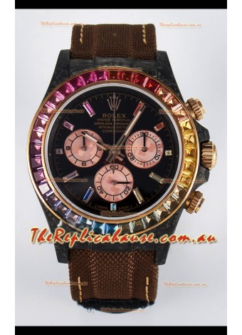 Rolex Daytona Super Clone DiW Carbon Edition Rainbow Bezel - Forged Carbon Casing Khaki Strap 1:1 Mirror Replica