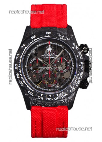 Rolex Daytona DiW Skeleton Carbon Edition Watch - Forged Carbon Casing Red Strap 1:1 Mirror Replica