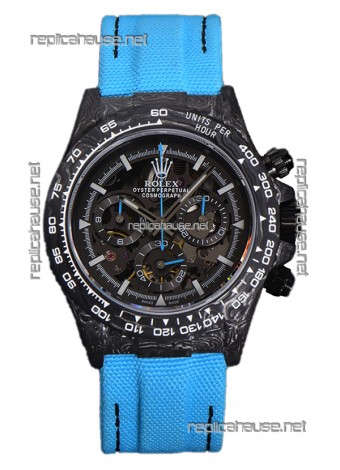 Rolex Daytona DiW Skeleton Carbon Edition Watch - Forged Carbon Casing Blue Strap 1:1 Mirror Replica