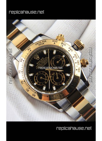 Rolex Daytona Japanese Movement Two Tone Gold Casing Watch in Black Dial 
