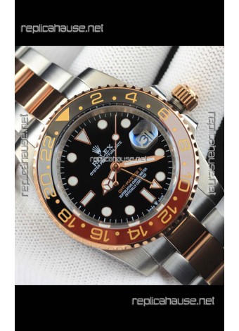 Rolex GMT Masters II 2 Tone Rose Gold Plating Japanese Replica Watch Black Dial