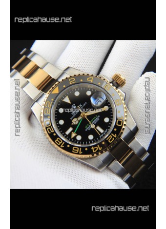 Rolex GMT Masters II 2 Tone Rose Gold Plating Japanese Replica Watch Black Dial