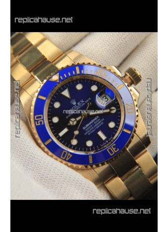 Rolex Submariner Japanese Replica Watch 904L Steel Yellow Gold - Ceramic Bezel in Blue