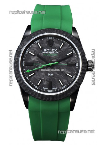 Rolex Milgauss DiW Black Carbon Casing Watch - ETA2836 Automatic Movement in Green Strap 