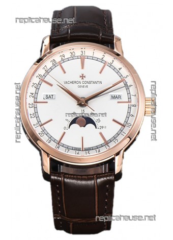 Vacheron Constantin Traditionelle Complete Calendar Rose Gold Plating White Dial Swiss Replica