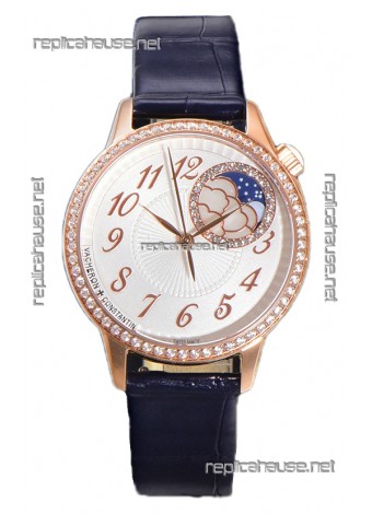 Vacheron Constantin Egerie Muse Moonphase Rose Gold Casing in White Dial Swiss Replica