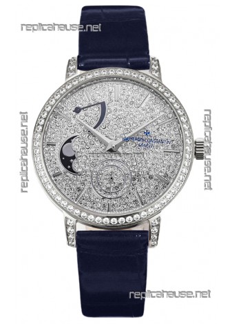 Vacheron Constantin Traditionelle Moon Phase Diamond Paved Dial in White Gold Swiss Replica