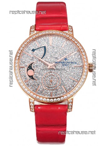 Vacheron Constantin Traditionelle Moon Phase Diamond Paved Dial in Rose Gold Swiss Replica