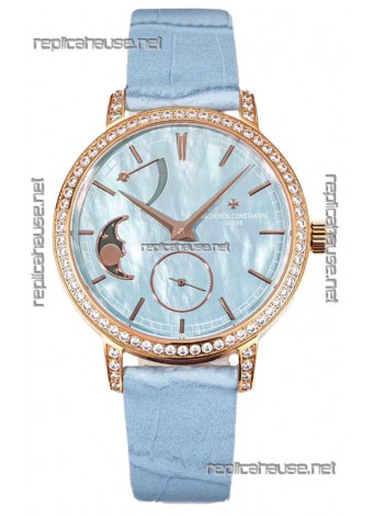 Vacheron Constantin Traditionelle Moon Phase Blue Mother of Pearl Dial in Rose Gold Swiss Replica