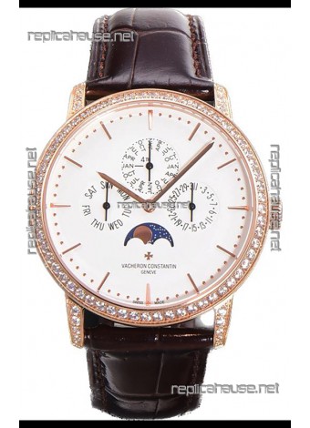 Vacheron Constantin Patrimony Perpetual Calendar Ultra-Thin Rose Gold White Dial Swiss Replica