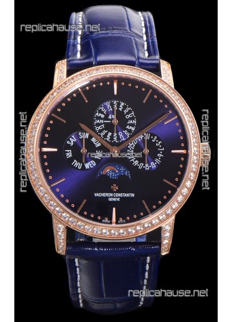 Vacheron Constantin Patrimony Perpetual Calendar Ultra-Thin Rose Gold Blue Dial Swiss Replica