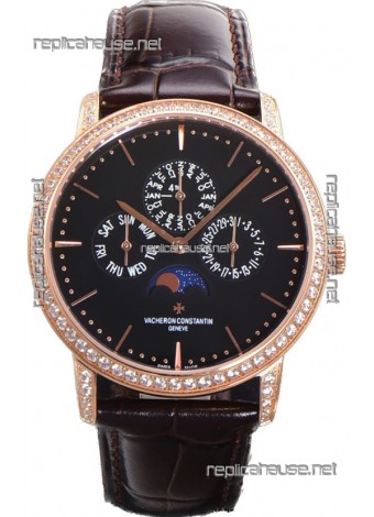 Vacheron Constantin Patrimony Perpetual Calendar Ultra-Thin Rose Gold Black Dial Swiss Replica