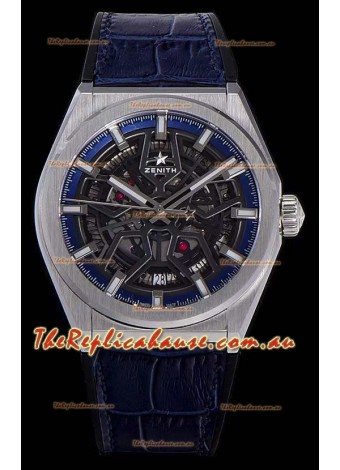 Zenith Defy Classic Skeleton 41 mm Titanium Men's Swiss Replica Watch - Blue Leather Strap