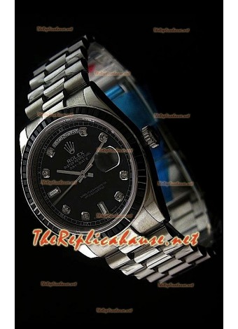 Rolex DayDate Swiss Replica Watch in Black Dial - Diamonds Hour Markers