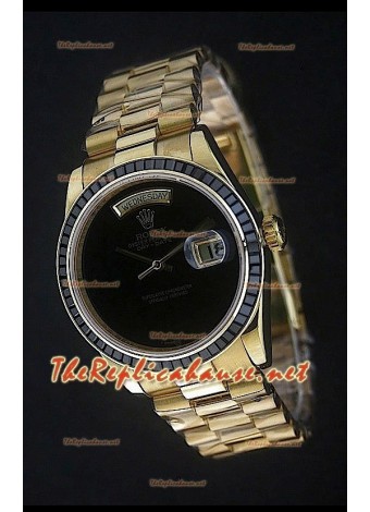 Rolex DayDate Swiss Replica Watch in Yellow Gold and Black Dial