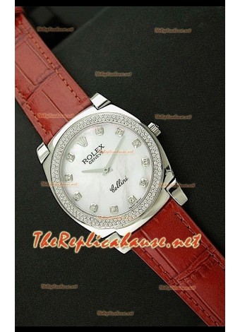 Rolex Cellini Japanese Quartz Replica Pearl Face Diamond Numerals Leather Strap