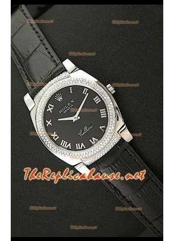 Rolex Cellini Japanese Quartz Replica Black Roman Face Diamonds Bezel Leather Strap