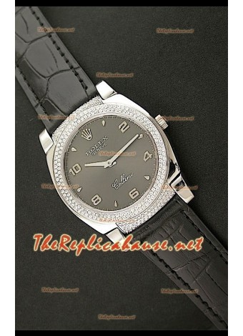 Rolex Cellini Japanese Quartz Replica Black Face Diamonds Bezel Black Leather Strap