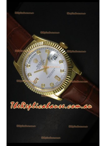 Rolex Day Date 36MM Yellow Gold Swiss Replica Watch - Silver Dial 