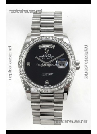 Rolex Day Date Black Dial Diamonds Bezel 36MM Swiss Replica Watch 
