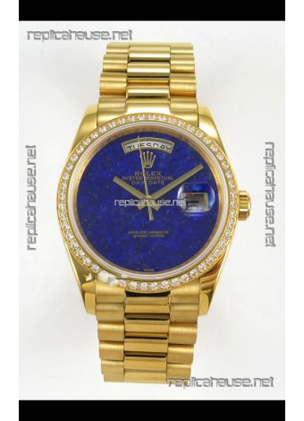 Rolex Day Date Yellow Gold Blue Lapis Dial Diamonds Bezel 36MM Swiss Replica