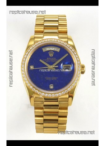 Rolex Day Date Yellow Gold Blue Lapis Dial Diamonds Bezel 36MM Swiss Replica