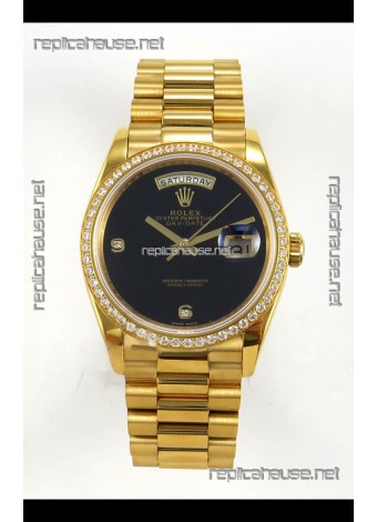 Rolex Day Date Yellow Gold Black Dial Diamonds Bezel 36MM Swiss Replica