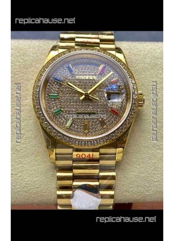 Rolex Day Date 128348RBR Yellow Gold Diamonds Dial Super Clone Watch 