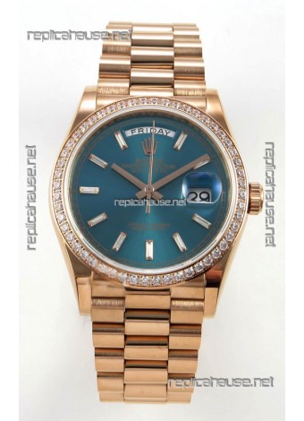 Rolex Day Date 128345 Rose Gold Green Crystal Dial Diamonds Bezel Super Clone Watch 